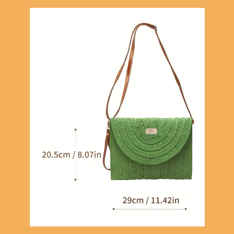 "Green Straw Cross & Clutch Bag"