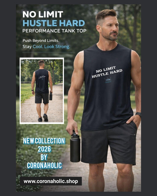 Shop the No Limit Hustle Hard Performance Tank Top for men. Breathable, quick-dry, and designed for maximum comfort during workouts and everyday wear. Available now at Coronaholic.