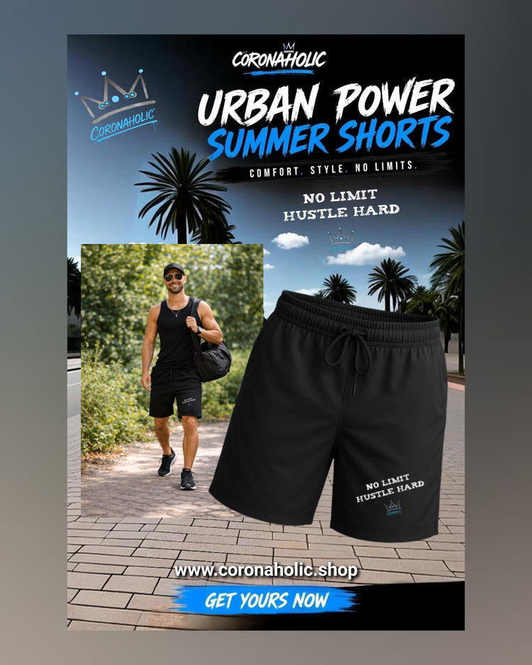 Athletic man wearing black Coronaholic Urban Power Summer Shorts with “No Limit Hustle Hard” print, outdoor fitness look