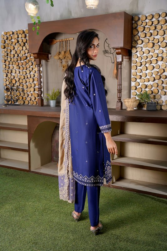 A woman in a blue outfit with a patterned shawl.