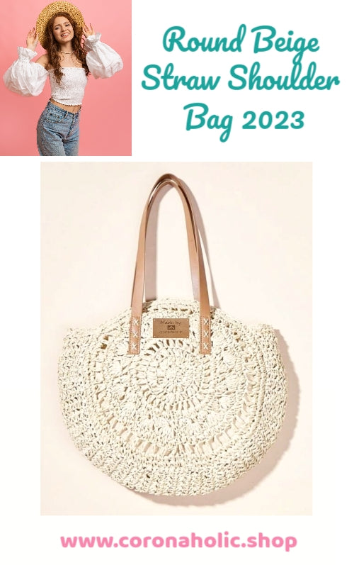"Round Beige Straw Shoulder Bag 2023"