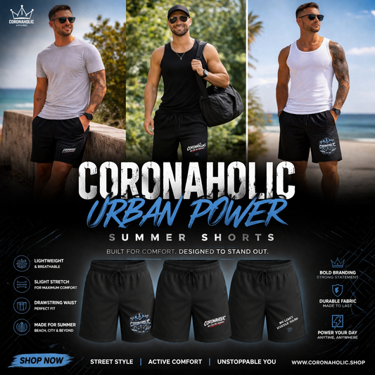 Men wearing black Coronaholic Urban Power Summer Shorts outdoors in summer streetwear style with sneakers