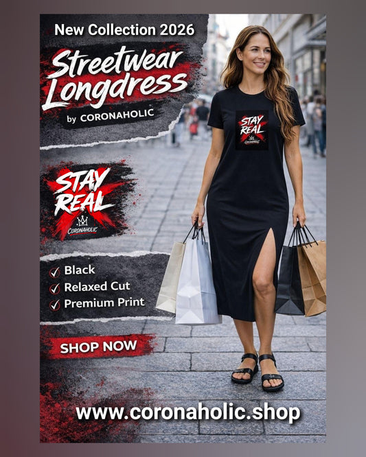 Back view of black streetwear longdress with “Stay Real” print by CORONAHOLIC in urban setting