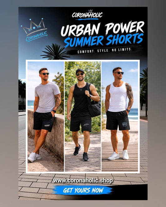 Men wearing black Coronaholic Urban Power Summer Shorts outdoors in summer streetwear style with sneakers