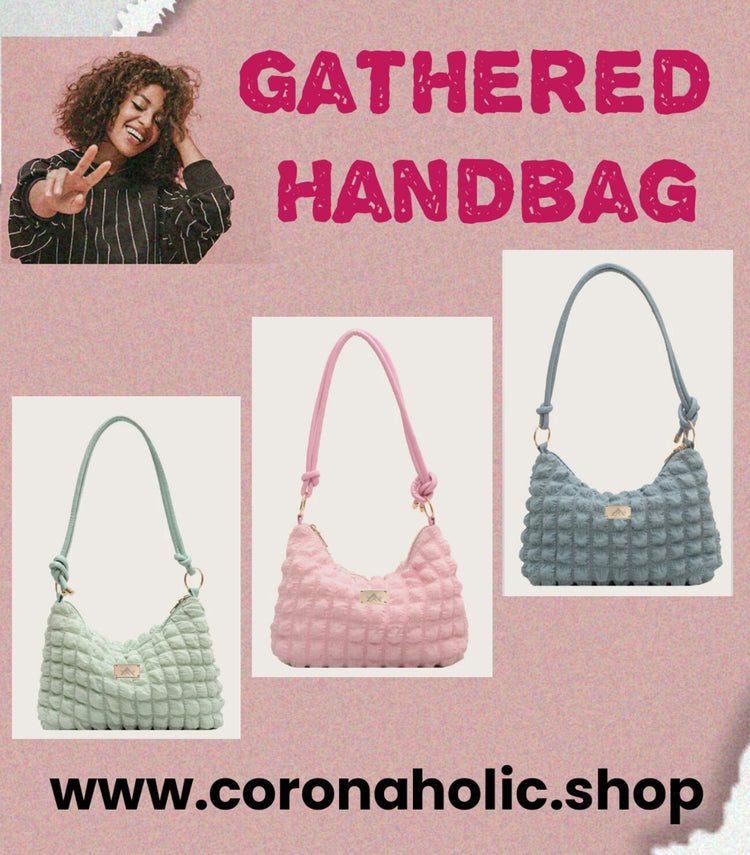 "Gathered Handbag" with our patented metal Label on it